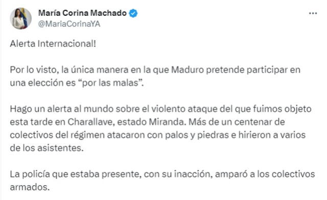 Mensaje de la inhabilitada lideresa opositora sobre lo sucedido en Charallave esta tarde. Foto: X/MariaCorinaYA   