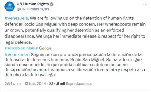  Alto Comisionado de DD. HH. de Naciones Unidas expresa profunda preocupación por detención de la activista Rocío San Miguel. Foto: @UNHHumanRights/X<br><br>    