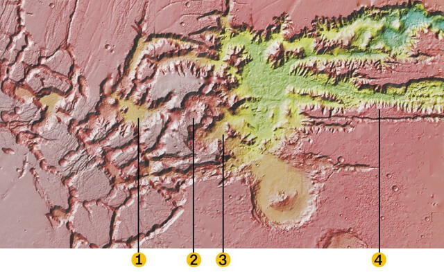 Plano de una sección de The Tharsis Rise: Noctis Labyrinthus, Sospecha de caldera del volcán no confirmado, Glaciar relicto y Valles Marineris, respectivamente. Foto: CNN/USGS<br>    