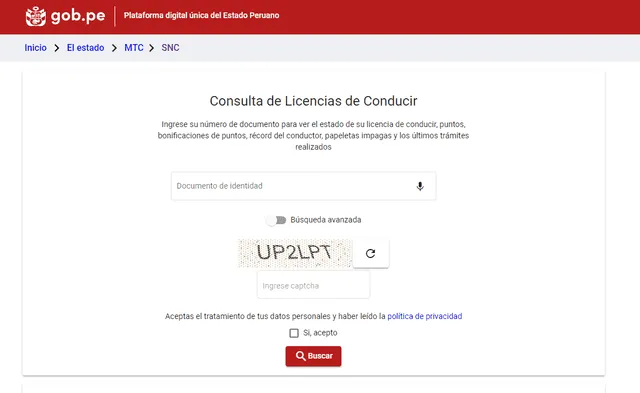  Así se ve el portal del MTC donde puedes consultar tu licencia de conducir. Foto: MTC   
