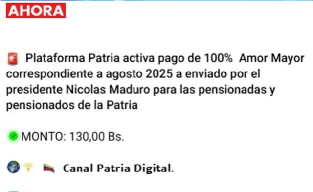 Anuncio del Bono Amor Mayor de agosto 2025. Foto: Canal Patria Digital Anuncio del Bono Amor Mayor de agosto 2025. Foto: Canal Patria Digital
