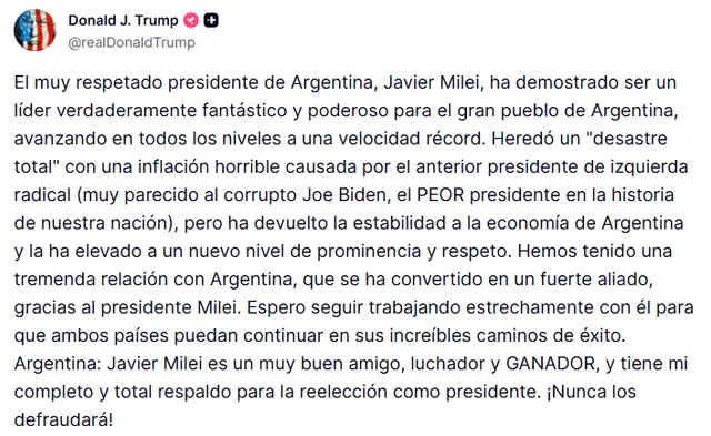 Publicación de Donald Trump en la que alaba a Javier Milei. Publicación de Donald Trump en la que alaba a Javier Milei.