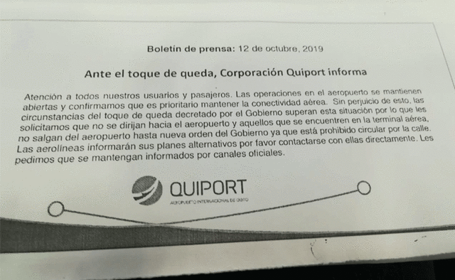 Comunicado de Quiport ante toque de queda decretado en Ecuador. Foto: cortesía / La República