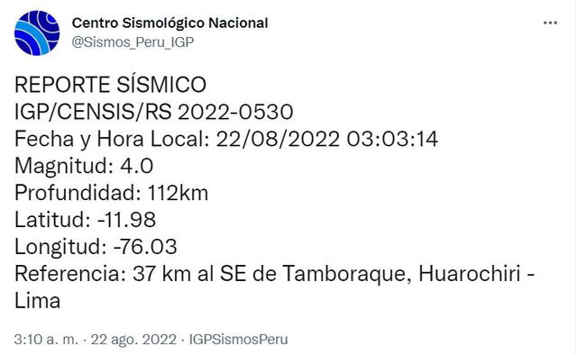 Datos del sismo en Lima. Foto: captura IGP