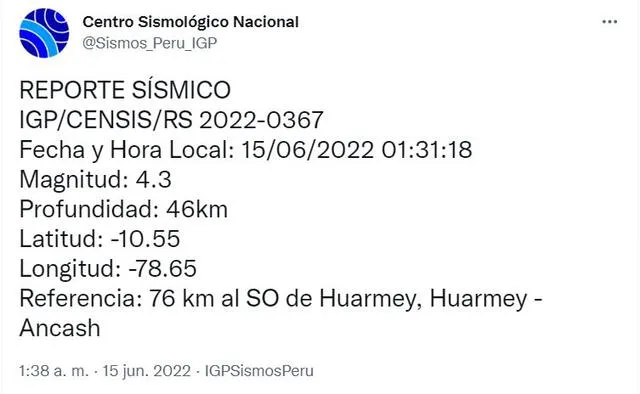 Datos del sismo en Áncash. Foto: captura IGP