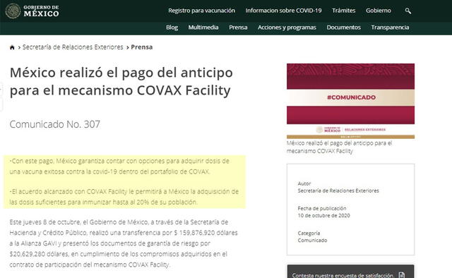 México es miembro de Covax. Foto: captura de web de Gobierno de México.