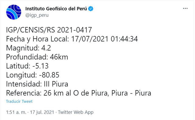 Datos del sismo en Piura. Foto: captura de Twitter