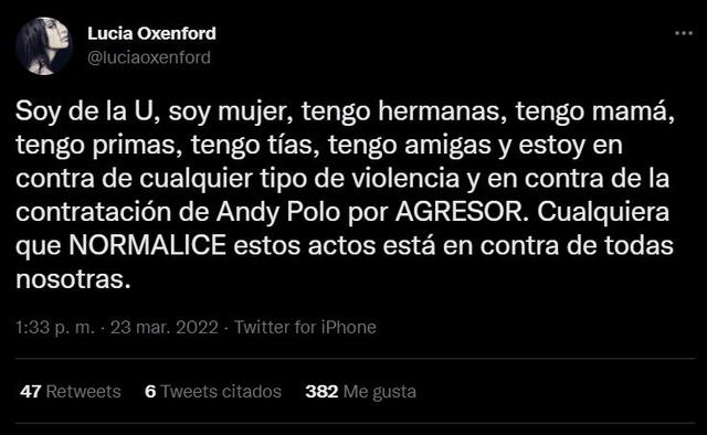 Mensaje de Lucía Oxenford sobre caso Andy Polo. Foto: Twitter Lucía Oxenford
