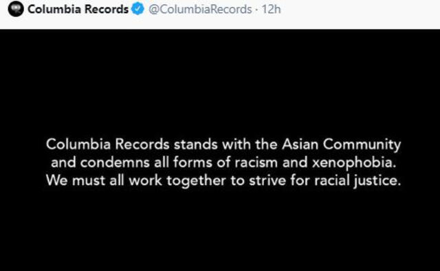 Columbia Records se pronuncia en contra del racismo tras incidente con BTS. Foto: Twitter