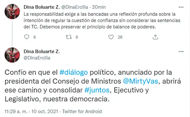 Tuit de Dina Boluarte. Foto: captura de Twitter