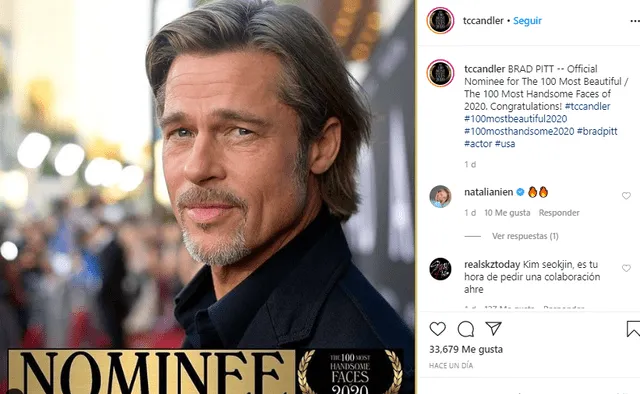Brad Pitt aparece en el concurso por el rostro más bello del mundo 2020.