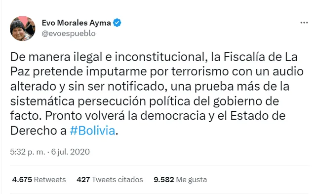 Tweet de Evo en respuesta a la orden de prisión preventiva en su contra.   