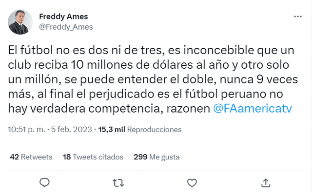 Freddy Ames se pronunció sobre los derechos de TV y apuntó contra Alianza Lima. Foto: captura de Twitter   
