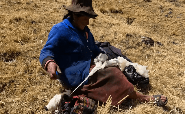 Glotilda hilando lana de sus ovejas. Foto: captura de Youtube/Ederson Estaylin 