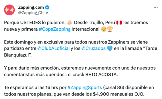 Zapping anuncia transmisión del Alianza Lima vs. U. Católica. Foto: Twitter.   