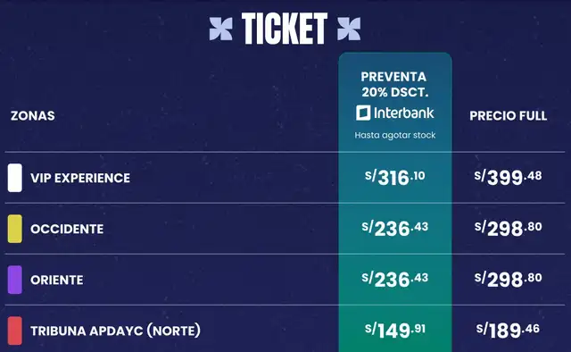 La venta exclusiva para clientes Interbank se realizará el 28 y 29 de agosto, con un 20% de descuento. La venta general comenzará el 1 de septiembre a través de Joinnus.