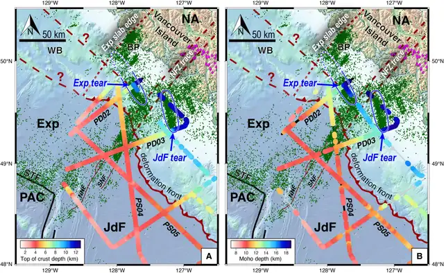 Vista en mapa de la estructura de la losa y la sismicidad observadas en la región norte de la isla de Vancouver. Foto: Science Advances