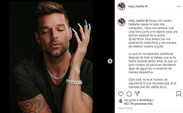 Publicación de Ricky Martin  Foto: Instagram