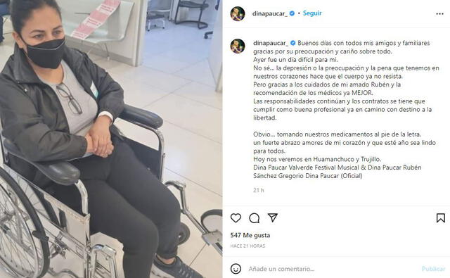 Dina Páucar aparece en silla de ruedas y preocupa a seguidores. Foto: Dina Páucar/Instagram