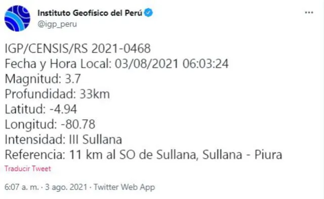 Datos del sismo en Piura