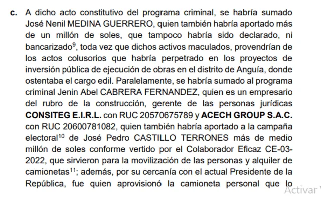 Tesis de la Fiscalía sobre los aportes de Nenil Medina y Auner Vásquez.