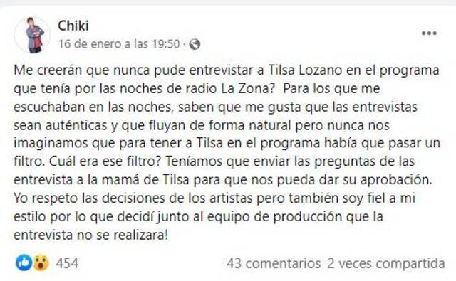 'Chiki' revela las condiciones para entrevistar a Tilsa Lozano. Foto: Chiki/ Facebook