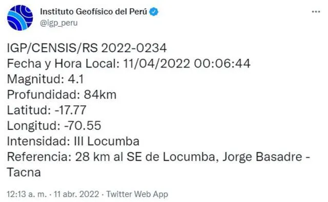 Datos del sismo en Tacna. Foto: captura Twitter IGP