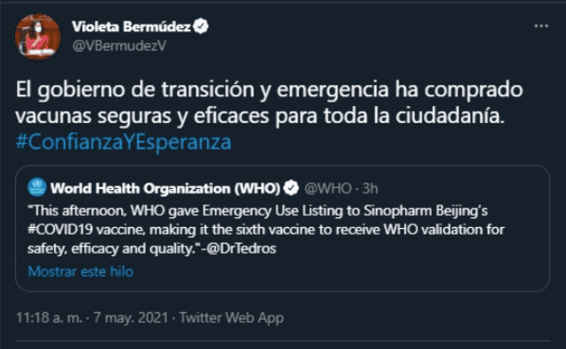 Ministra Violeta Bermúdez se pronuncia sobre Sinopharm. Foto: Twitter/ captura