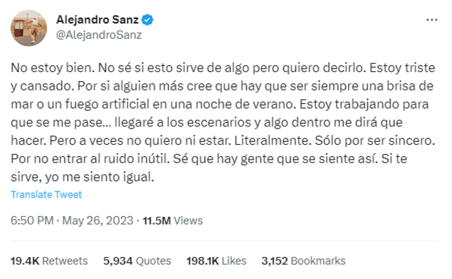  Alejandro Sanz estaría pasando por un mal momento. Foto: captura/Twitter   