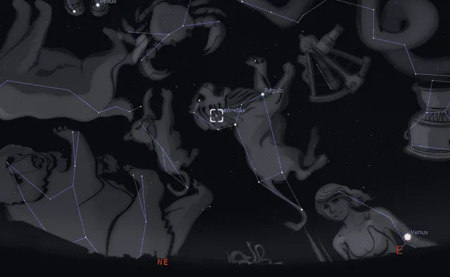  Ubicación del radiante de las Leónidas durante la madrugada del 18 de noviembre. Foto: captura de Stellarium   