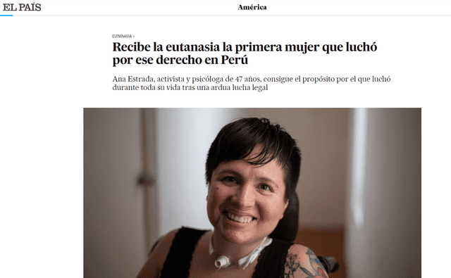 El medio internacional El País, se refirió a la eutanasia que se le practicó a Ana Estrada. Foto: El País/captura   