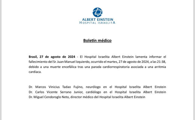 Boletín médico del hospital Albert Einstein sobre la muerte de Juan Izquierdo. Foto: Hospital Albert Einstein.  