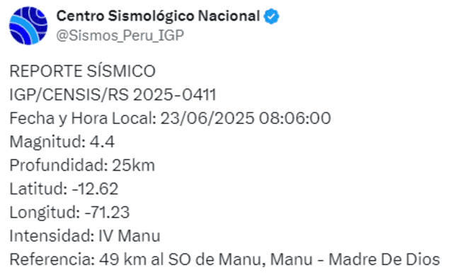 Reporte del IGP tras el sismo. Foto: X   