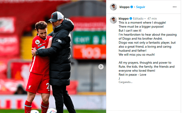 Mensaje de Jürgen Klopp tras muerte de Diogo Jota. Foto: Instagram   