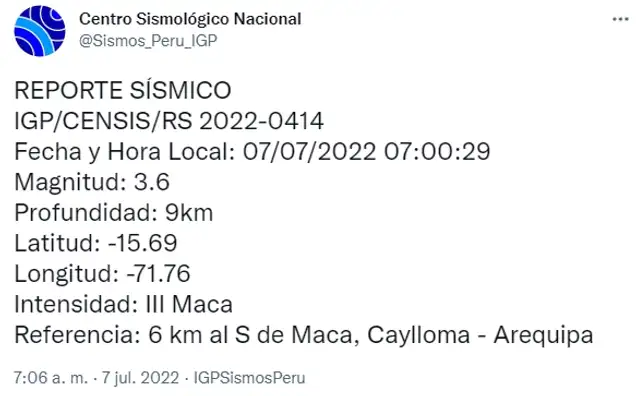 Sismos de hoy en Perú según IGP hoy, jueves 7 de julio
