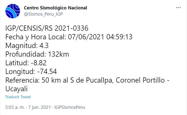 Datos del temblor en Ucayali. Foto: captura Twitter