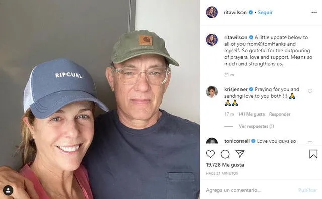 Rita Wilson se pronuncia en Instagram
