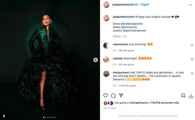 Jada Pinkett y su look esmeralda para los Oscar 2022