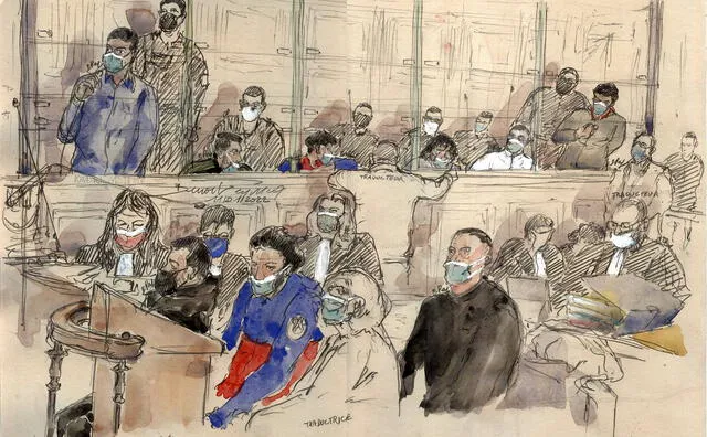 Un dibujo del primer día de juicio por el asesinato de la prostituta transexual peruana Vanesa Campos, el 11 de enero de 2022 en París. Foto: AFP