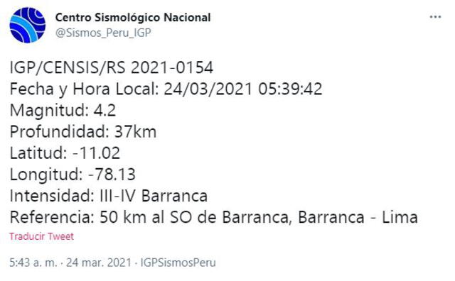 Temblor de 4.2 de magnitud remeció Lima.