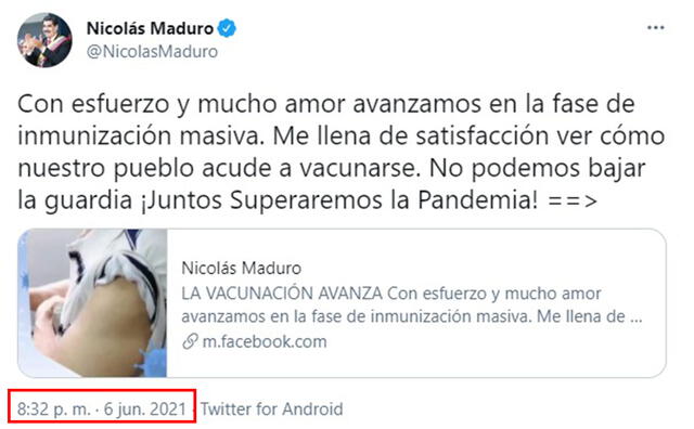 Último mensaje de esa fecha se publicó a las 8:32 p. m. Foto: captura del Twitter / Nicolás Maduro.