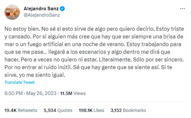 Mensaje de Alejandro Sanz sobre su salud mental. Foto: Alejandro Sanz/Twitter   