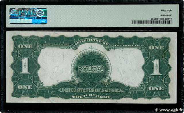 Reverso del billete de 1 dólar con diseños geométricos y números legales. Foto: CGB