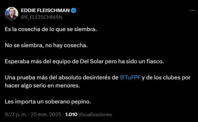  Eddie Fleischman explotó contra 'Chemo' del Solar y la FPF. Foto: captura de X/Eddie Fleischman   