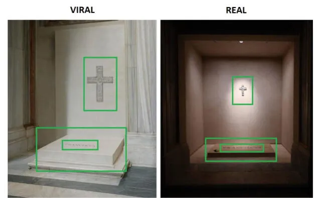 <em>Comparación entre la escena viral y real del lugar en donde reposan los restos del papa Francisco. Foto: captura de X</em>   