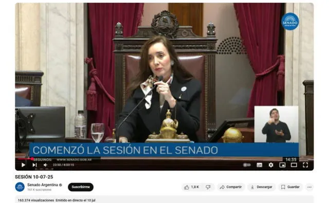 <em>Transmisión de la sesión del 10 de julio en el Senado de Argentina. Foto: captura de YouTube</em>   