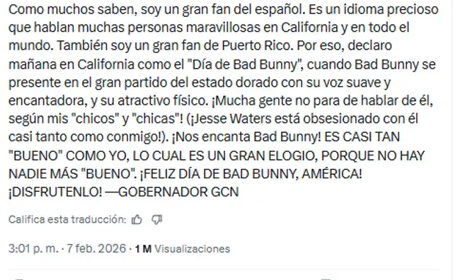 Gobernador de California elogia a Bad Bunny   