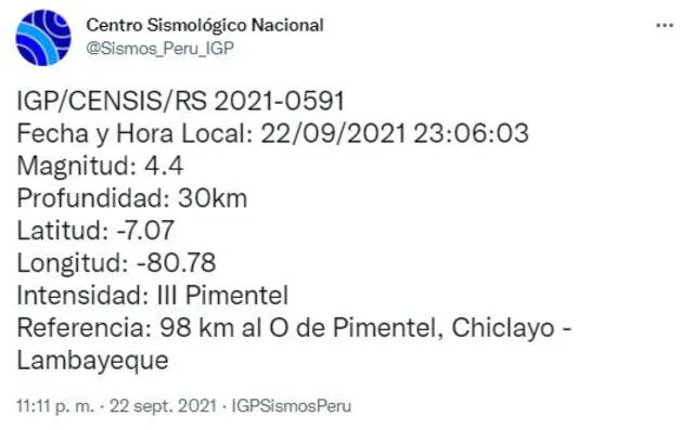Datos del sismo en Lambayeque. Foto: captura de Twitter @Sismos_Peru_IGP