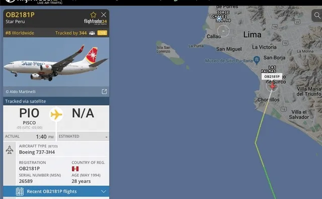 El avión que lleva a la selección partió de Pisco. Foto: captura FlightTradar24