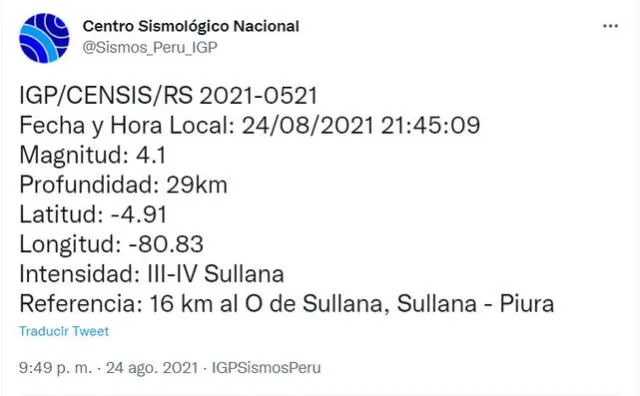 Datos del sismo en Piura. Foto: captura Twitter